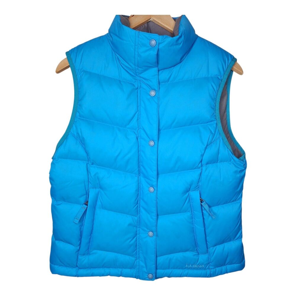 LL Bean Goose Down Puffer Vest Blue Womens Medium Athletic Gorpcore Zip Snap
